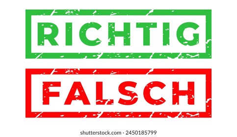 Red and Green Richtig and Falsch German isolated grunge stamp, sticker, tag vector set