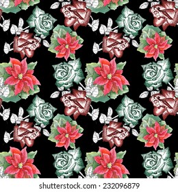 Red and green roses with red poinsettia flower seamless pattern on black background vector illustration