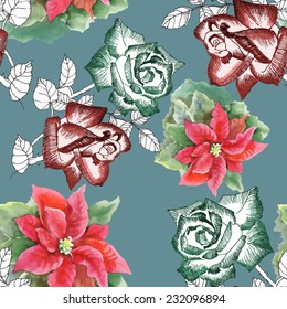 Red and green roses with red poinsettia flower seamless pattern on blue background vector illustration