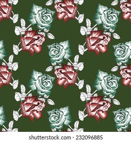 Red and green roses seamless pattern on green background vector illustration