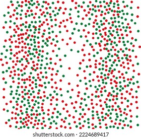 Rote und grüne runde Konfetti. Zufällig, chaotischer Polka-Punkt. heller Hintergrund  für Feierlichkeiten, Hochzeit, Karten, Telefon-Wallpaper. Weihnachtsfarbe. Vektorgrafik. 