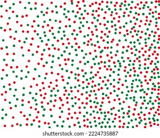Rote und grüne runde Konfetti. Zufällig, chaotischer Polka-Punkt. heller Hintergrund  für Feierlichkeiten, Hochzeit, Karten, Telefon-Wallpaper. Weihnachtsfarbe. Vektorgrafik. 
