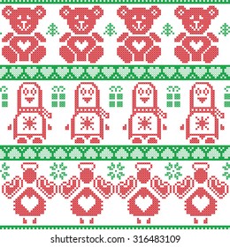 Red and green Scandinavian vintage Christmas  Nordic seamless pattern with penguin, angel, teddy bear, xmas gifts, hearts, decorative ornaments, christmas trees in cross stitch knitting 
