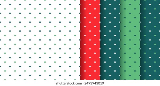 Rot grüner nahtloser Hintergrund. Weihnachtsmusiken-Muster. Festliche Musik endlose Textur mit Polka Dot. Festlicher gepunkteter Druck zum Einwickeln von Papier. Weihnachts-Design. Vektorillustration. Setzen Sie Kulissen in flachem Design.   