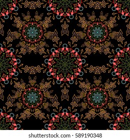 Red and green seamless background flower ornament pattern. Abstract arabesque background for greeting card, presentation or wedding invitations. Traditional vector gothic damask background.