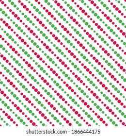 Red and green seamless diagonal striped pattern on white background, vector illustration. Seamless pattern with pastel lines from dots. Christmas geometric background