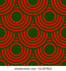 Red and green seamless overlap circles vector pattern, Christmas background, abstract texture for wrapping paper, page fill, book covers etc. 