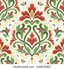 Red and green seamless pattern with beautiful floral ornaments. Traditional Turkish, Indian motifs. Great for fabric and textile, wallpaper, packaging or any desired idea.