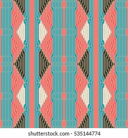 Red and green seamless  pattern.  Geometric ornament with triangles and thin lines in a retro style.  Vector illustration  