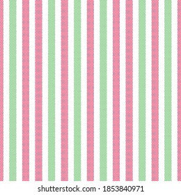 Rot und Grün, nahtlose, vertikale Streifen auf weißem Hintergrund, Vektorgrafik. Nahtloses Muster mit pastellfarbenen Linien aus Punkten. geometrischer Weihnachtshintergrund