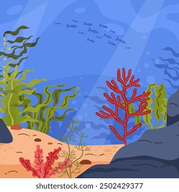 Red and green seaweed on the seabed. Kelp. Underwater world. Sea plants, sand, algae, stones and fish. Diverse ocean ecosystem. Marine life. Aquatic. Banner. Vector illustration.