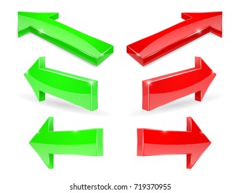Red and green set of arrows. 3d shiny signs. Vector illustration isolated on white background