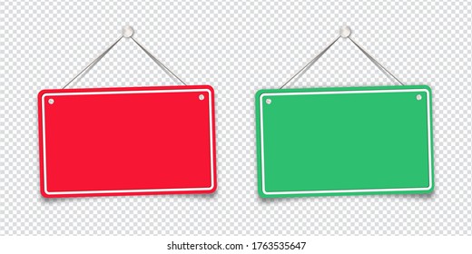 Red and green shop door signs hanging isolated on transparent background. Empty or blank sign for store, restaurant or cafe. Vector illustration. EPS 10