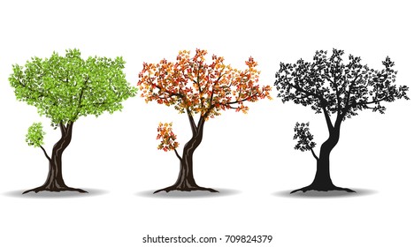red, green and silhouettes tree isolated on white background, vector illustration