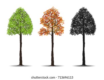 red, green and silhouettes tree isolated on white background, vector illustration