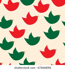 Red and green simple birds on the beige background. Seamless pattern for backdrop, wallpaper, textile print, fabric or wrapping paper