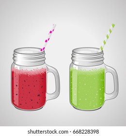 Red and green smoothies in glass jar. Natural healthy drink. Vector illustration.