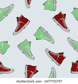 Red and green sneakers theme vector seamless pattern. shoes illustration. For textile print and other uses