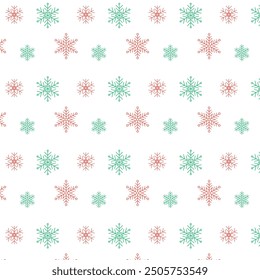 Red and green snow flakes repeat pattern isolated on white background.Christmas snowflake seamless pattern.Winter background.Vector graphic illustration.