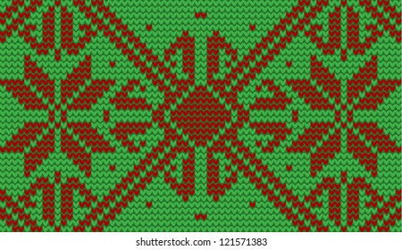 Red and green snowflake knitted background