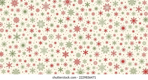 Red and green snowflakes on a beige background. Christmas pattern. Vector illustration