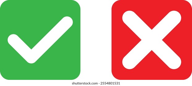 Red and green square checkmark icons . Correct and wrong icons . Green tick and red cross checkmarks . Vector illustration