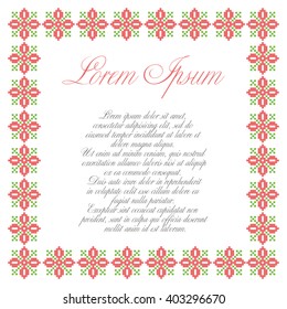 Red and green square geometrical text frame. Border for text with sample text.