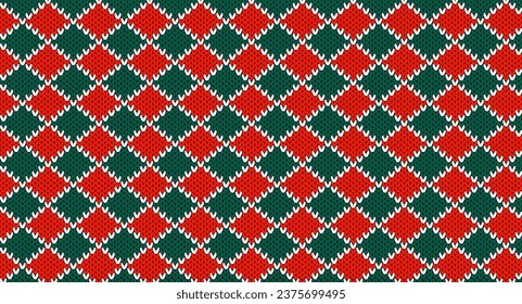 Red and green square knitted pattern, Festive Sweater Design. Seamless Knitted Pattern, Christmas concept.