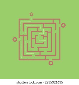 Red and green square labyrinth cartoon illustration. Square maze, puzzle or riddle for finding right way, exit or direction. Mental game, conundrum concept