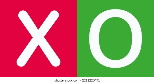 Red and green squares with letters X O, symbol of affirmative and negative. True and false options. Exams, correct and incorrect questions. Concept of yes or no.