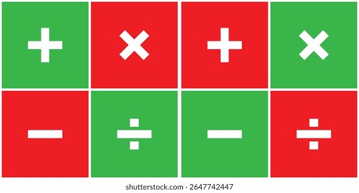 Quadrados vermelhos e verdes com símbolos matemáticos mais, menos, multiplicar, dividir