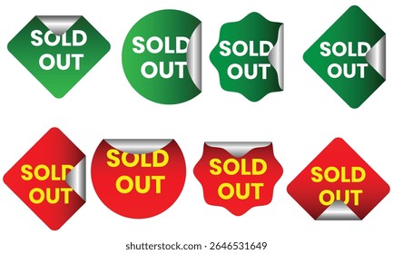 Red and green stickers sold out label design. Set of blank price, sale tag. Red sale tags, price tags collection. Discount, offer price tag design vector illustration.	