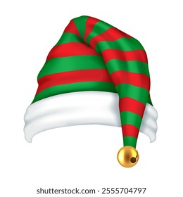 Red and green striped Christmas elf hat realistic vector illustration. Festive atmosphere of holiday season 3d object on white background