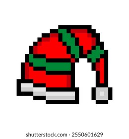 Red and green striped santa hat in pixel art