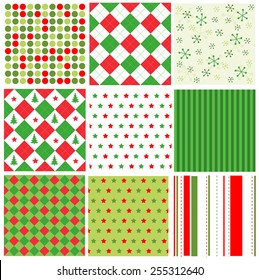 Red and green stripes, dots and stars christmas seamless pattern collection