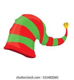 red and green stripped cartoon christmas elf hat isolated on white. vector illustration