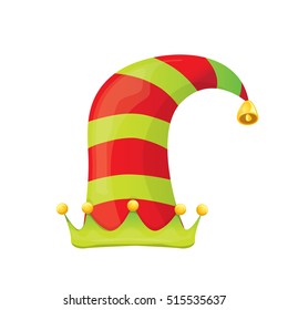 red and green stripped cartoon christmas vector elf hat isolated on white. vector illustration