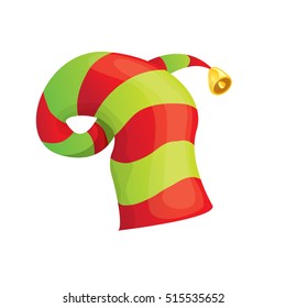 Red And Green Stripped Cartoon Christmas Vector Elf Hat Isolated On White. Vector Illustration