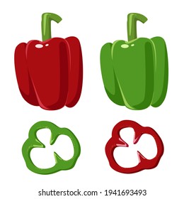 Red and green sweet peppers with slices in the cut. Source of vitamin C. Vector illustration on a white background