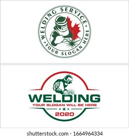 Red green symbol welder with mask spark fire light star circle line vector logo design suitable for industrial label welding work service provide repairs