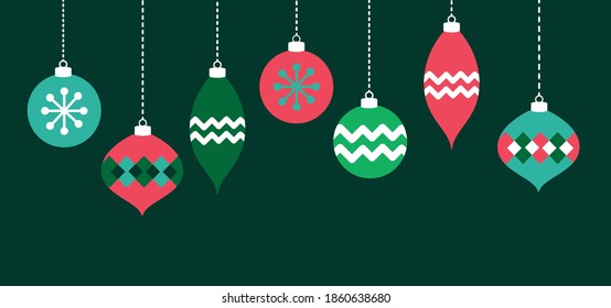 Red, Green And Teal Christmas Ornaments On A Green Banner