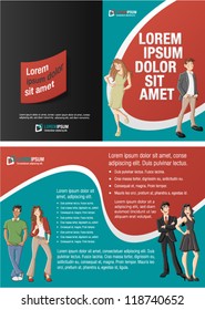 Red and green template for advertising brochure with cartoon business people