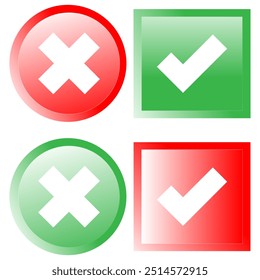 Marca roja y verde o marca de verificación y cruz en Botones cuadrados y redondos