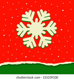 Red and green torn paper background with snowflake for Christmas.
