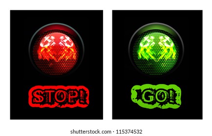 Red and green traffic light, isolated on black background. Vector illustration