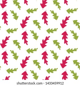 Red and Green Trees Leaves on White. Summer Seamless Pattern. Cartoon Oak Foliage Design. Vector Flat Endless Illustration. Summertime Textile Print. Trendy Natural Wallpaper and Background