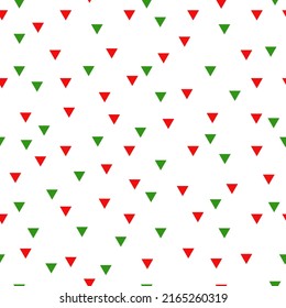 Red and green triangles on white background. Simple basic seamless pattern. Abstract backdrop geometric forms in random order. Convenient texture for textile, fabric, wrapping paper, digital wallpaper