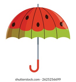 Red and green umbrella looking like a watermelon protecting from the rain