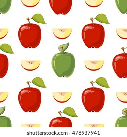 Red and green vector apples isolated in white background. Seamless pattern with fruits illustration