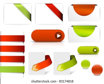 Red and green vector elements for web pages - buttons, navigation, pointers, arrows, badges, ribbons